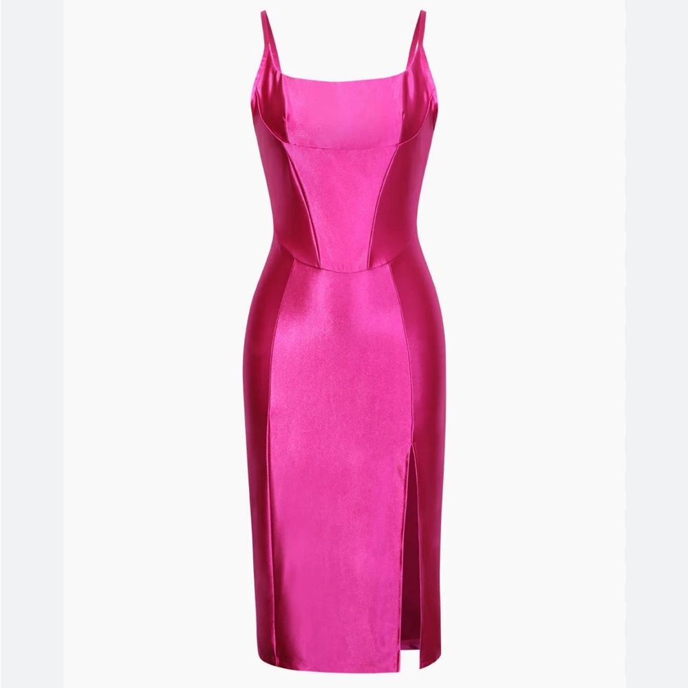 Satin Square Neck Slit Midi Dress